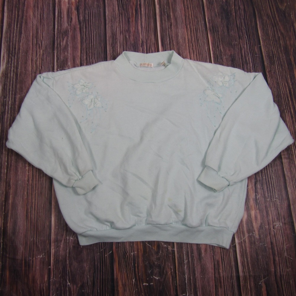 Vintage Robinson's Womens Large Green Crewneck Fleece Sweater Floral Embroidered